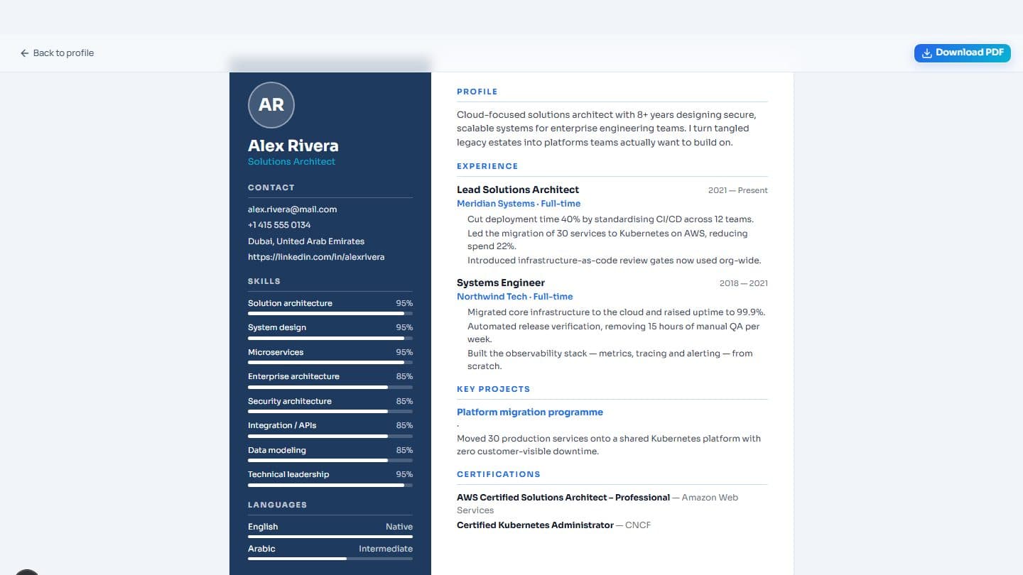 Screenshot of a finished CV rendered in an ATS-safe iTrechHub template.