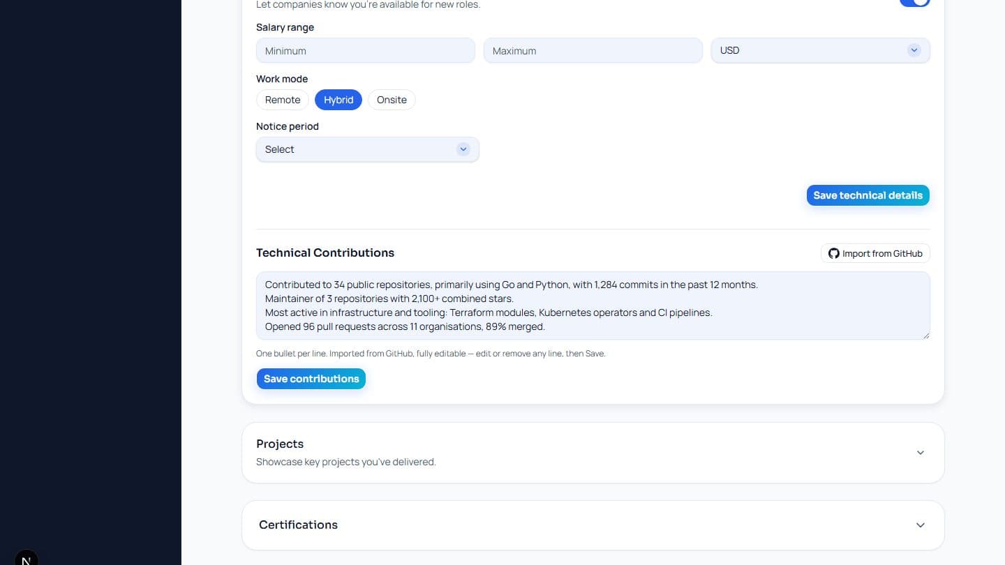 Screenshot of the iTrechHub profile showing Technical Contributions imported from GitHub as editable resume bullets.