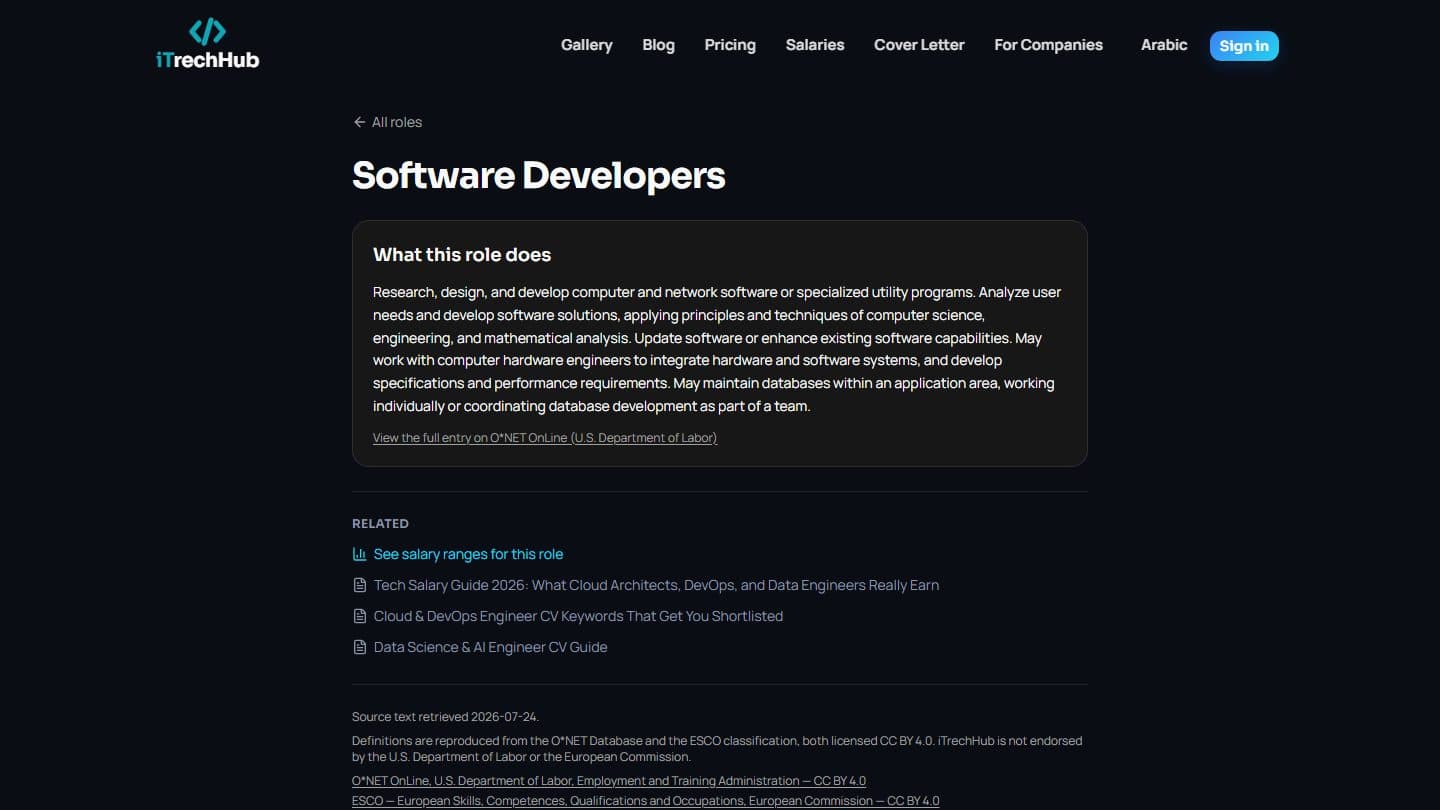 Screenshot of an iTrechHub role glossary entry showing the official occupation definition for the role.