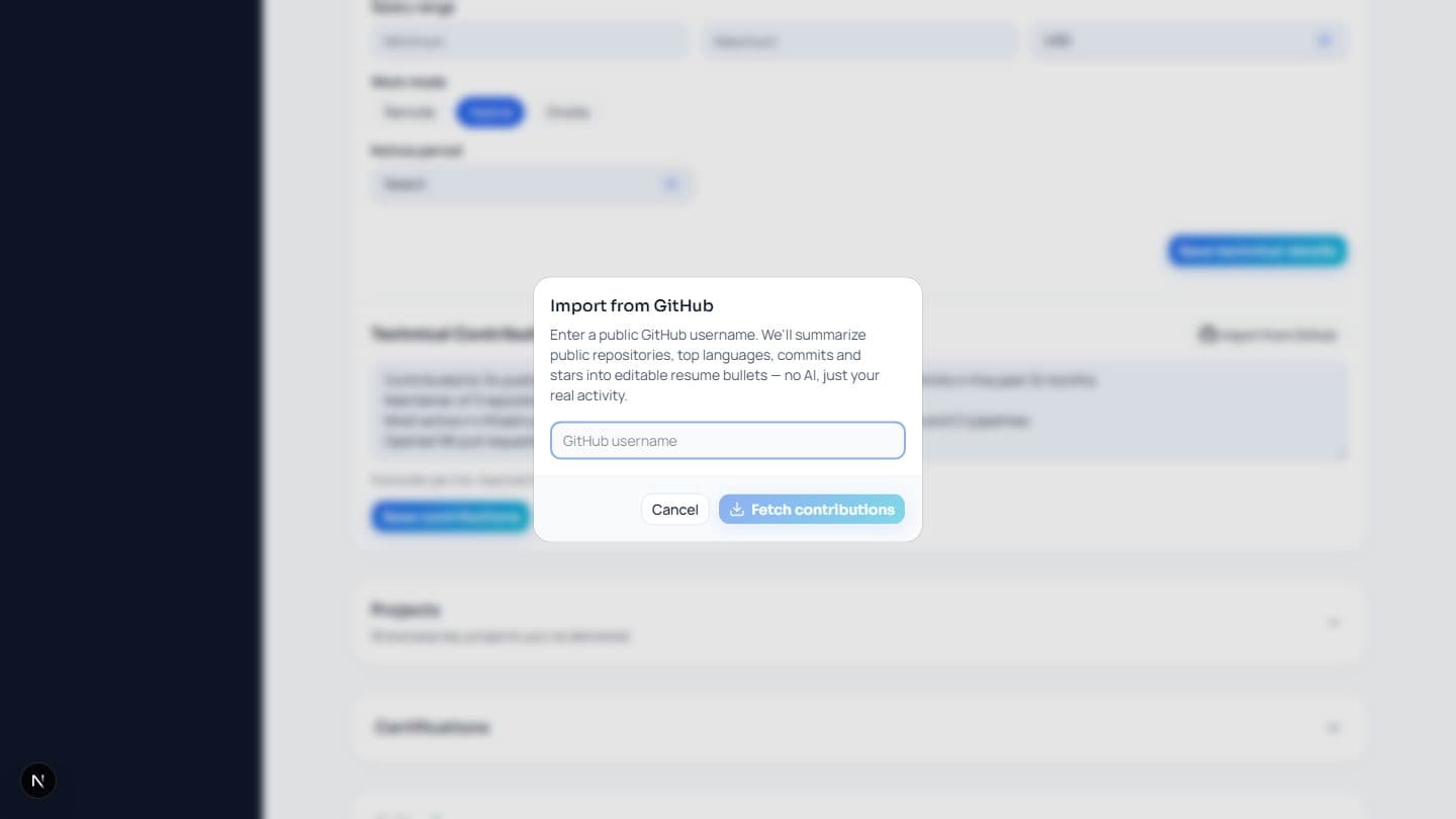 Screenshot of the iTrechHub GitHub import dialog, asking for a public GitHub username to summarise real repository activity.