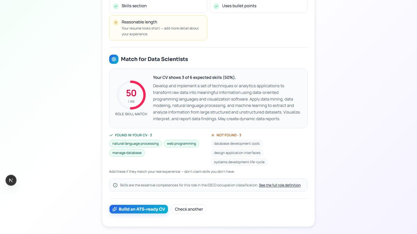 Screenshot of the iTrechHub CV checker showing a role skill match, with the expected skills found in the CV and those missing.